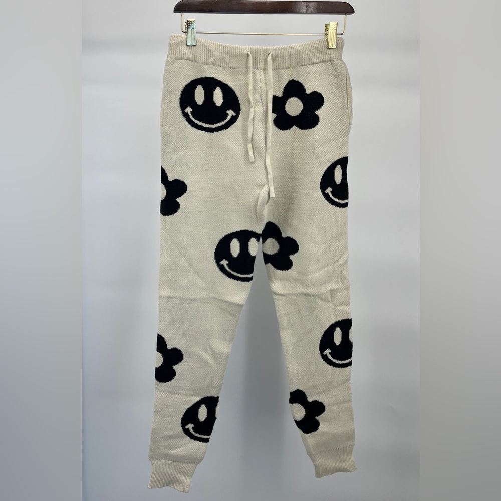 Women’s Dressed in LALA Off White and Black Smiley Face Cropped Jogger Pants - Picture 4 of 8